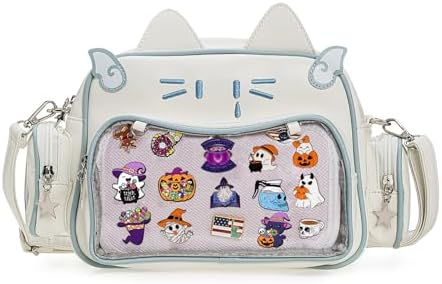 White cat ita bag with clear window pin display