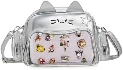 Silver cat ita bag with clear window pin display