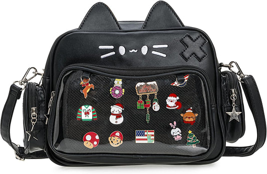 Black kawaii cat ita bag with clear window pin display