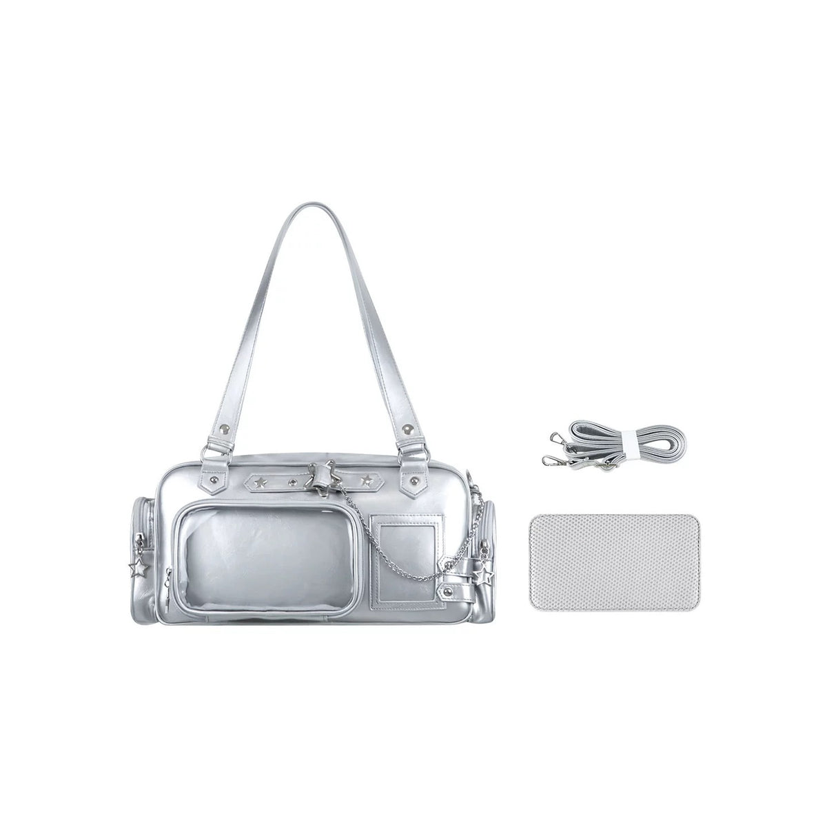 Silver ita Boston bag with insert and crossbody strap