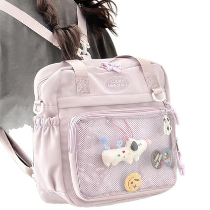 Pink ita tote backpack with clear window, back view