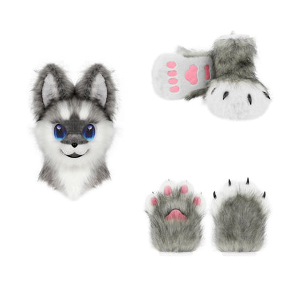 Kemono Dog Fursuit Partial – Dark Grey & White / Head + Paws + Feet