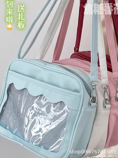 Blue and pink kawaii ita bags close-up of the clear window