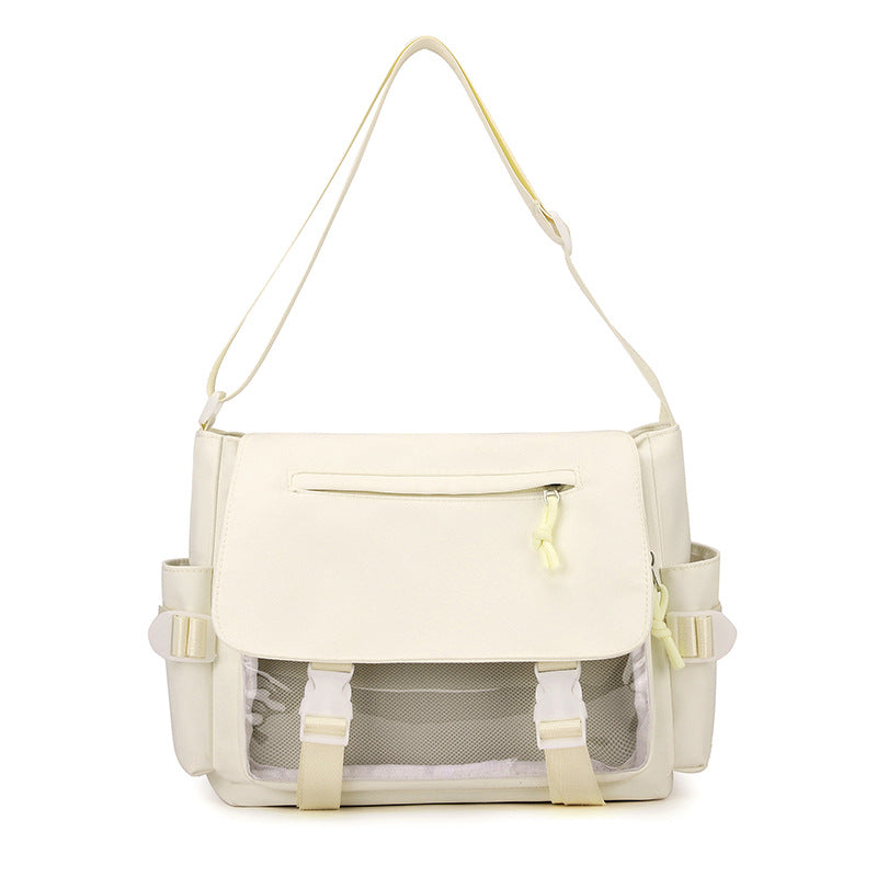 White ita flap messenger bag with clear front pocket