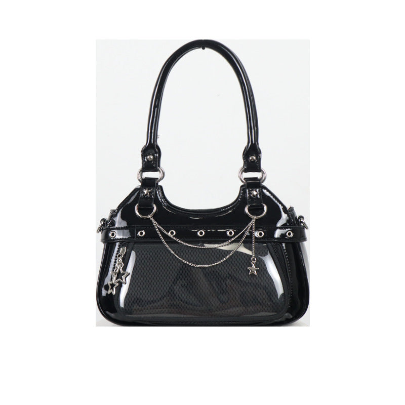 Black glossy Y2K ita bag with chain and studs