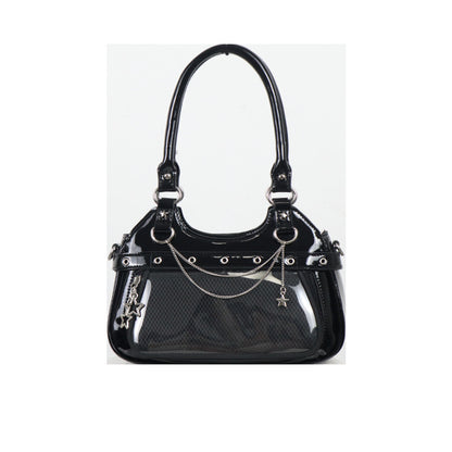 Black glossy Y2K ita bag with chain and studs