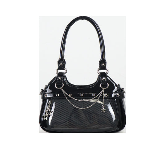 Black glossy Y2K ita bag with chain and studs