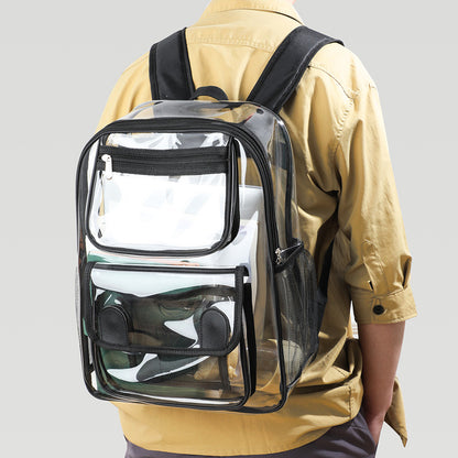 Clear PVC backpack worn on the back