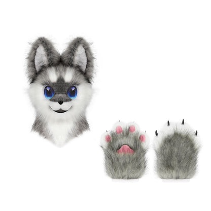Kemono Dog Fursuit Partial – Dark Grey & White / Head + Paws