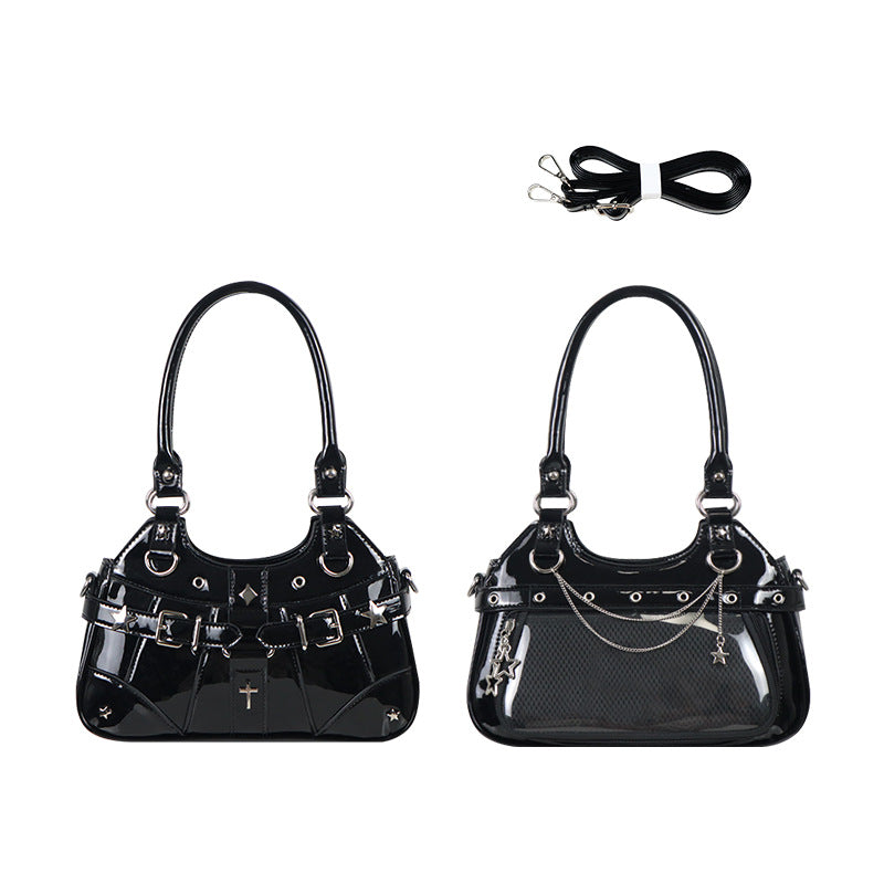 Black glossy PVC ita bag front and back view with strap
