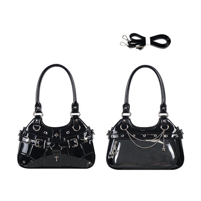 Black glossy PVC ita bag front and back view with strap