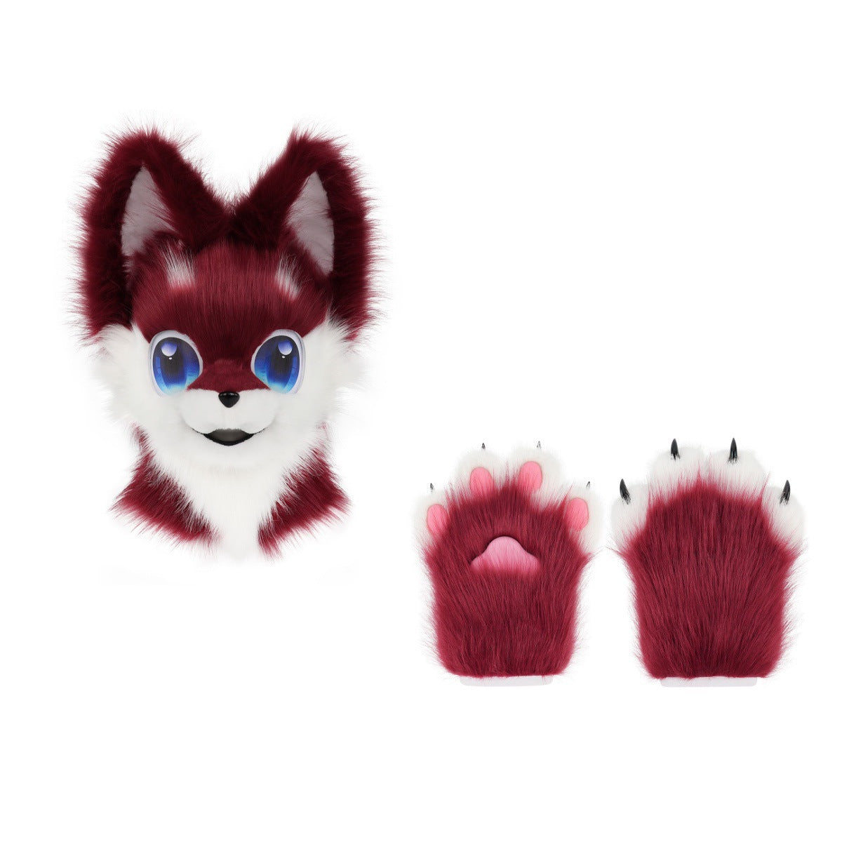 Kemono Dog Fursuit Partial – Wine Red & White / Head + Paws