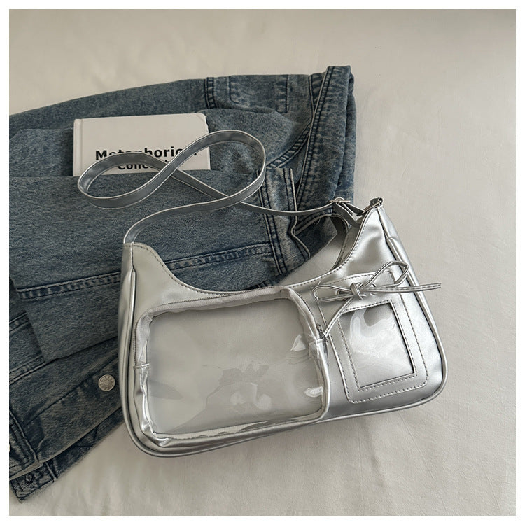 Silver Y2K ita underarm bag with clear window and bow