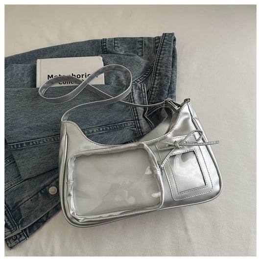 Silver Y2K ita underarm bag with clear window and bow