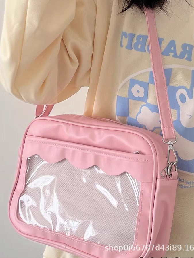 Pink kawaii ita crossbody bag with scalloped clear window