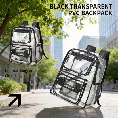 Black transparent PVC backpacks outdoors