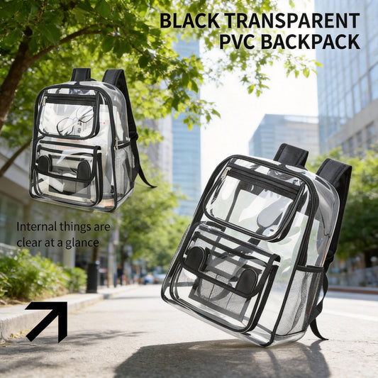 Black transparent PVC backpacks outdoors