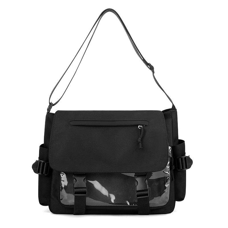 Black ita flap messenger bag with clear front pocket